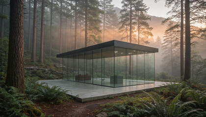 Fototapeta premium A serene glass structure sits peacefully within the misty depths of an ancient evergreen forest as the early morning sun filters through tall redwood trees creating a tranquil and quiet