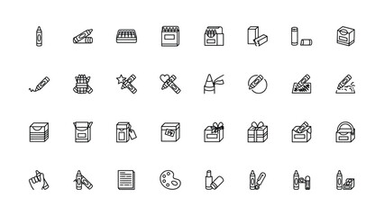 Fototapeta premium Collection of flat line icons depicting various stationery office and gift items on transparent background