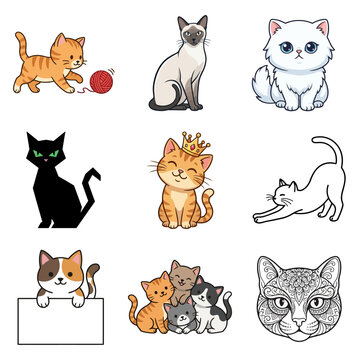 A diverse collection of nine cartoon and illustrated cats in various poses and artistic styles, including playful kittens, stretching cats, and a detailed feline face.