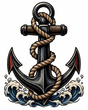 Detailed maritime anchor wrapped with thick rope above crashing blue waves on clean white background, showing nautical strength, weathered texture, bold contrast, and decorative ocean symbolism