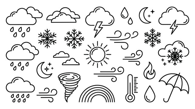 Weather icon set for meteorological forecast and climate dashboards.