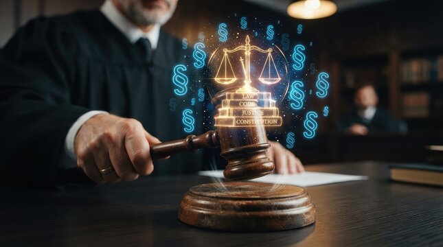 Judge Hand Holding Gavel with Digital Law and Justice Symbolism