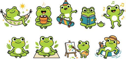 Fototapeta premium Cute Cartoon Frog Activity Set Featuring Hammock Hot Cocoa Skateboard Reading Book Yoga Meditation Painting and Pool Float Vector Illustration