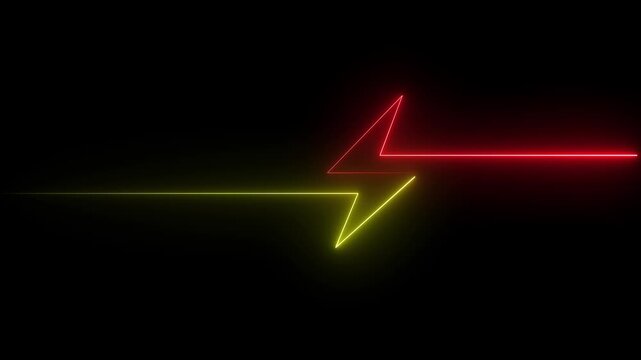 Neon red and yellow lightning bolt symbol with horizontal lines on black background abstract bright