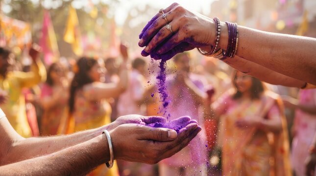 People Celebrating Traditional Indian Spring Festival with Vibrant Purple Colored Powder