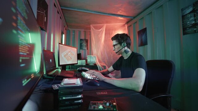 Young programmer coding on multiple computers inside a container for a cybercrime operation