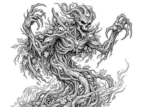 Scary tree monster drawing with skull face and twisted branches for dark fantasy halloween theme illustration
