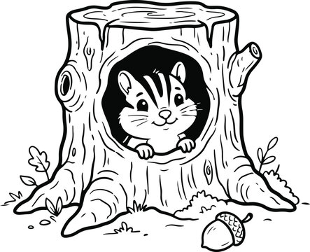 Cute chipmunk peeking out from a tree stump coloring page with chipmunk