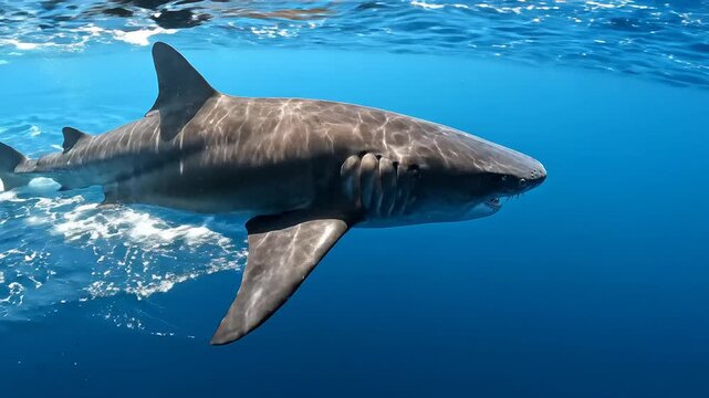Large Basking shark swimming in deep blue ocean water. Majestic marine predator cruising near the sea surface, wild animal nature photography in open sea environment.