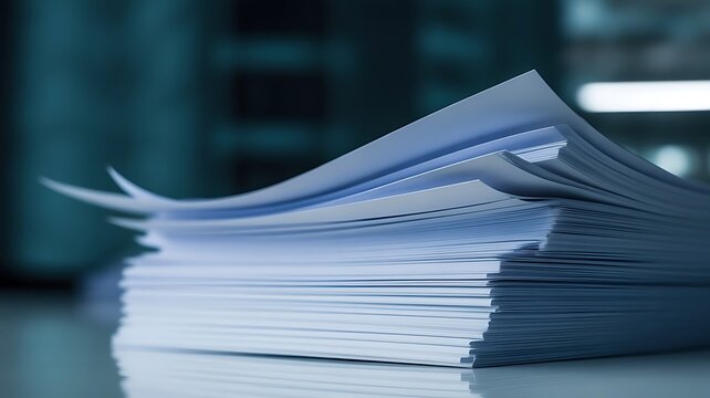 A large stack of white paper sheets on a dark desk with a blurred office background, creating a atmosphere, for business documentation