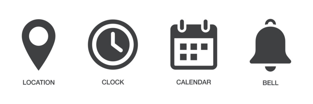 Location clock calendar and bell flat icons in a row