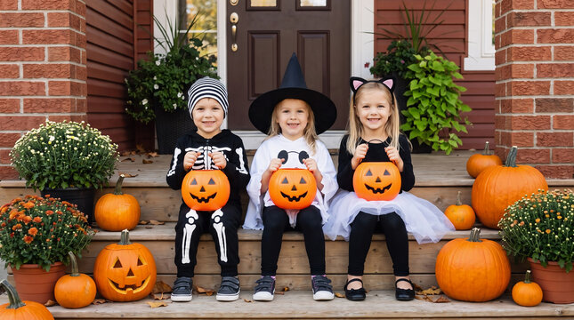 Three Children in Halloween Costumes Sitting on Porch with Pumpkins and Jack-o-Lanterns