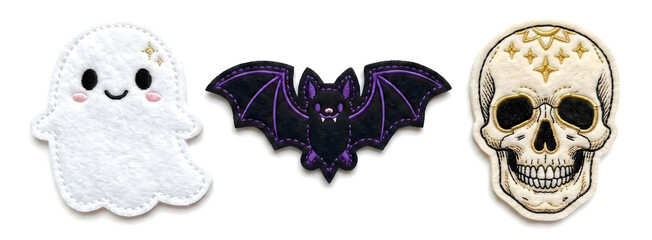 Fototapeta premium Cute ghost black bat and detailed human skull set for Halloween decoration isolated on a plain white background illustration