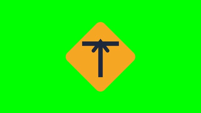 T-Intersection Ahead Sign Icon Animation on Green Screen | Junction Symbol Motion Graphic
