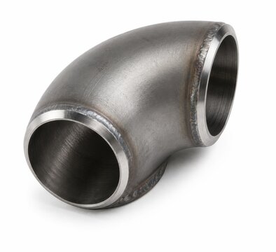 Stainless steel pipe elbow with welded joints and beveled openings, close detailed view of textured surface, machining marks, heat discoloration, industrial fitting
