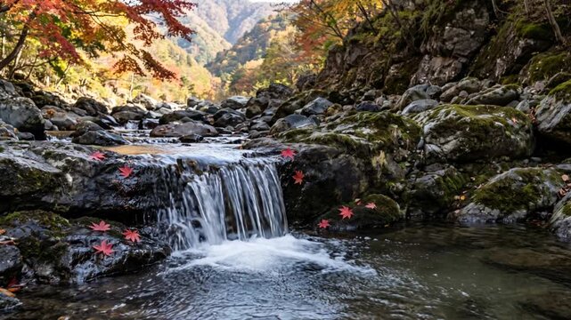 Seamless loop of a small cascade in a Japanese autumn mountain stream with maple leaves
