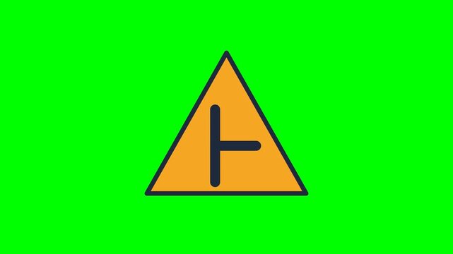 Side Road Junction Warning Sign Icon Animation on Green Screen | T-Intersection Symbol Motion Graphic
