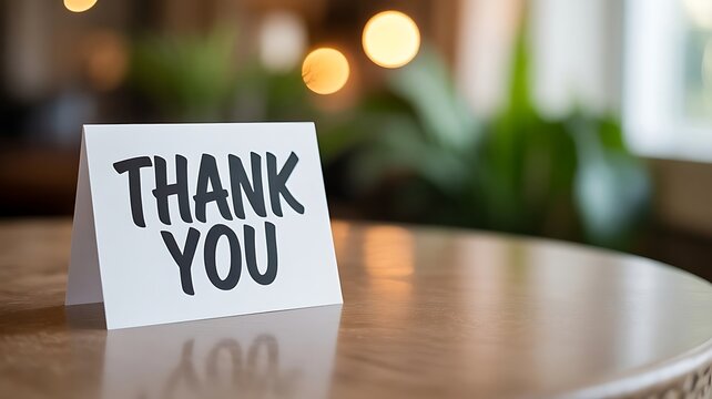 A white greeting card with the words thank you written in bold black letters on a wooden table with a blurred background, of green plants