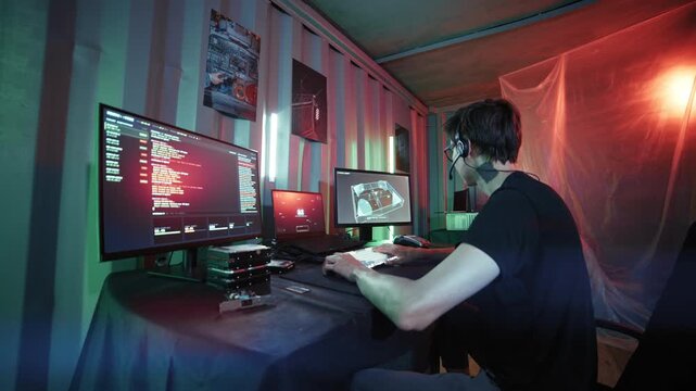 Male hacker working with multiple computers to break into a secure video surveillance syste