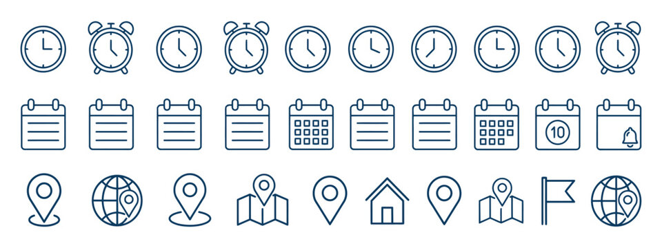 Line icons depicting clocks calendars globes and location markers