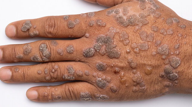 Severe Widespread Warts Covering the Back of a Hand - Severe Verruca Vulgaris with Confluent Hyperkeratotic Papules and Plaques on the Dorsal Hand