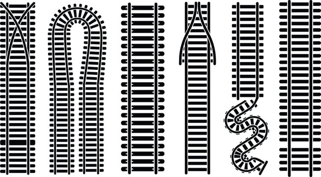 Railway track and train rails silhouette vector set featuring straight paths curved segments switches loops and connection turnsRailway track and train rails silhouette vector set