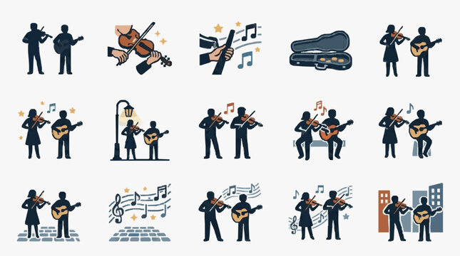 Illustrated musicians performing various instruments.
