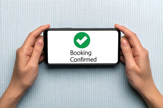 Hands holding smartphone displaying booking confirmed notification with e commerce smartphone confirmed reservation