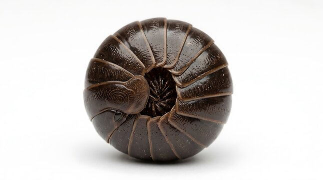 Black pill bug curled into a tight ball on white background