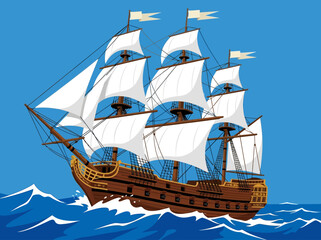 Vintage Sailing Ship Illustration on Blue Ocean Waves © Yayann