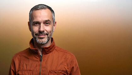 Fototapeta premium Mature man stands looking cheeky wearing rust colored jacket for casual dining brand advertising generative AI