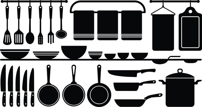 Kitchen utensils and cookware black silhouette vector set featuring chef knives frying pans cooking pots