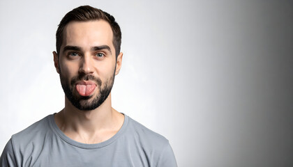 Fototapeta premium Young man stands sticking tongue out wearing charcoal shirt for tech gadget advertising atmosphere generative AI