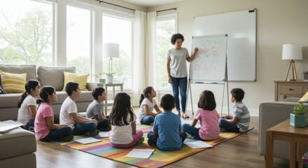 Fototapeta premium A diverse group of children in a cozy room, learning from a teacher