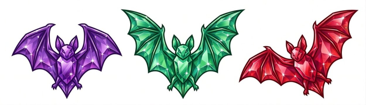 Three colorful crystal bats flying with purple green and red gemstone style wings for halloween party decoration illustration