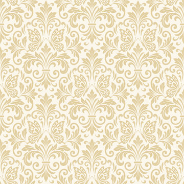 Elegant gold butterfly damask seamless pattern background with ornate floral motif, vector for luxury butterfly damask wallpaper, vintage wedding card, and decorative textile design.