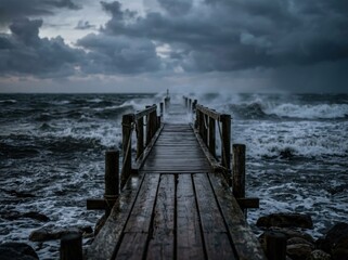 Fototapeta premium Stormy Weather Approaching Over Wooden Pier and Ocean Waves.