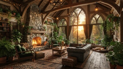 Fototapeta premium Cozy rustic living room with stone fireplace and large arched windows overlooking a forest