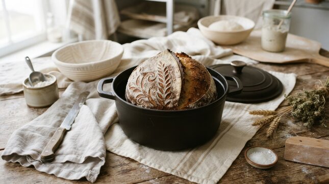 Freshly baked sourdough bread in a cast iron pot on a rustic wooden table