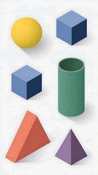 Set of colorful 3D geometric shapes. Isometric basic forms with soft shadows on white.
