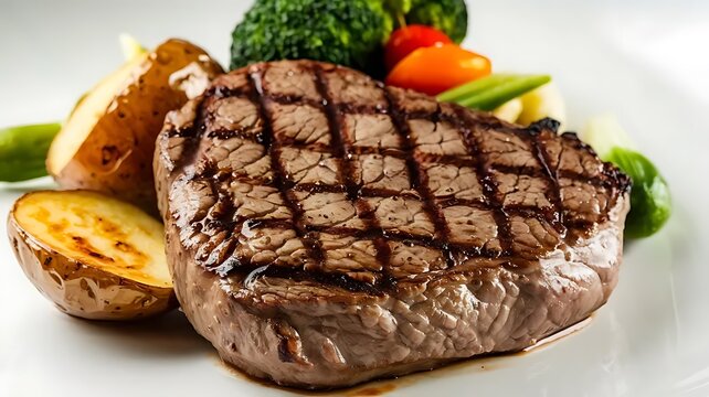Grilled beef steak with roasted potatoes. Juicy meat fillet served with fresh vegetables.