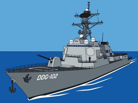 Modern DDG-102 Guided-Missile Destroyer Illustration on Blue Ocean