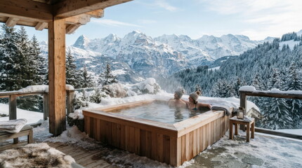Fototapeta premium Couple enjoys a relaxing hot tub soak with stunning snow-capped mountain views