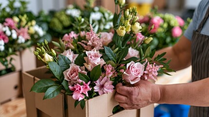 Fototapeta premium A person carefully arranging a colorful bouquet of pink roses and other flowers into a cardboard box for delivery