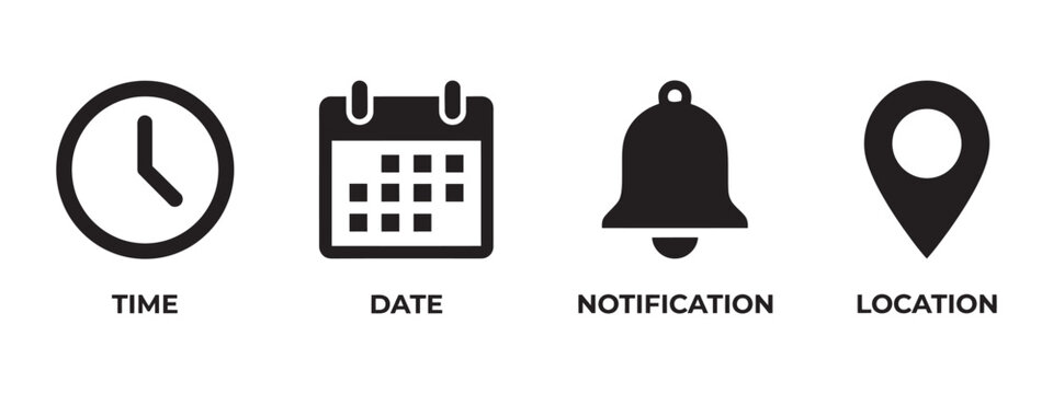 Time date notification and location flat icons on transparent setting
