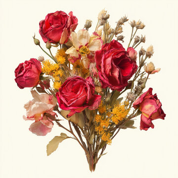Dried Red and Pink Roses Bouquet Isolated on White Background