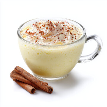 Eggnog Christmas Drink or Spiced Latte with Cinnamon Sticks Isolated on White