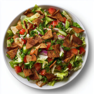 Arab Fattoush Salad with Fried Bread, Tomatoes, Cucumber and Herbs Isolated on White