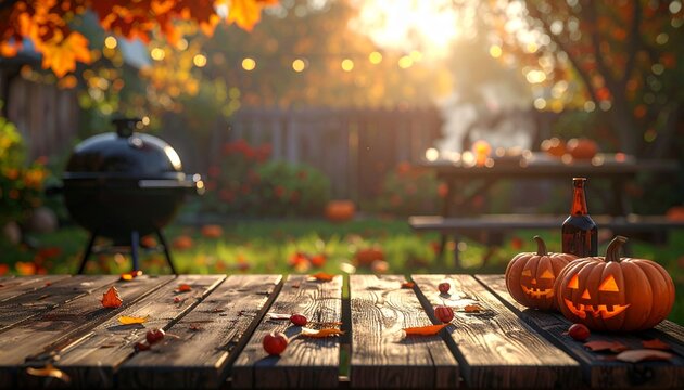 A Halloween backyard party with a barbecue grill and wooden table, with a blurred background.