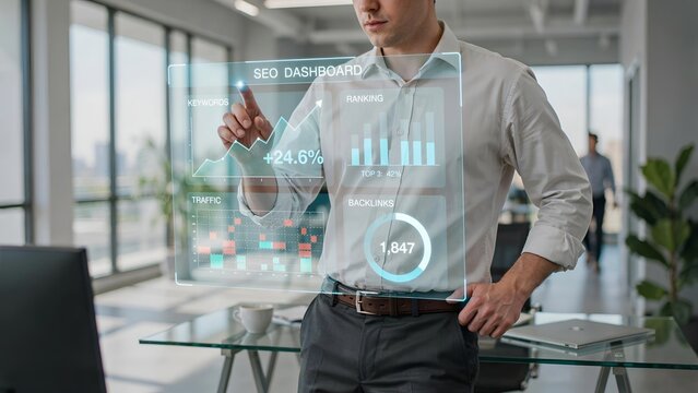 Professional businessman interacting with a futuristic digital seo dashboard in a modern office environment
